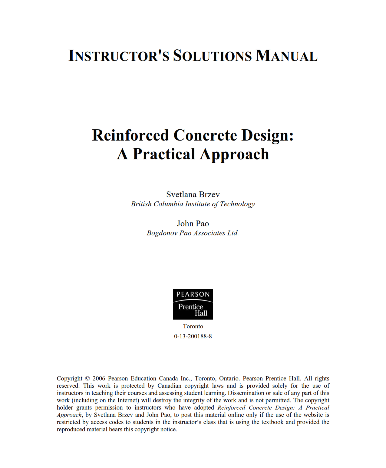 download free Reinforced Concrete Design A Practical Approach Svetlana Brzev & John Pao solution manual pdf | solutions